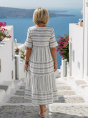 Women's Stripe Tiered Maxi – Split Neck Short Sleeve Boho Summer Swing Dress