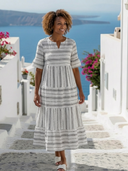 Women's Stripe Tiered Maxi – Split Neck Short Sleeve Boho Summer Swing Dress