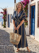 Women's Stripe Wrap Maxi – V Neck Short Sleeve Belted Resort Summer Dress
