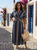 Women's Stripe Wrap Maxi – V Neck Short Sleeve Belted Resort Summer Dress