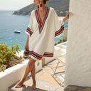 Women's Striped Beach Cover Up – Deep V Neck Contrast Trim Batwing Summer