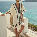 Women's Striped Beach Cover Up – Deep V Neck Embroidered Trim Batwing