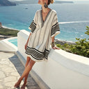 Women's Striped Beach Cover Up – V Neck Embroidered Trim Batwing Sleeve