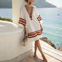 Women's Striped Beach Cover Up – V Neck Tassel Pendant Batwing Sleeve