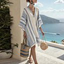 Women's Striped Beach Dress – V Neck Batwing Sleeve Oversized Cover Up