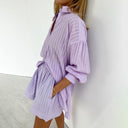 Women's Striped Button-Up Two-Piece Set – Oversized Shirt Pleated Shorts Summer