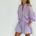 Women's Striped Button-Up Two-Piece Set – Oversized Shirt Pleated Shorts Summer