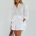 Women's Striped Button-Up Two-Piece Set – Oversized Shirt Pleated Shorts Summer