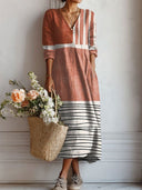 Women's Striped Color Block Maxi – V Neck Long Sleeve Casual Everyday Dress