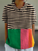 Women's Striped Color Block Top – Collared Short Sleeve Casual Everyday Shirt