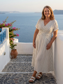 Women's Striped Cross Waist Midi Dress – V Neck Short Sleeve Summer Beach Dress