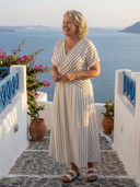 Women's Striped Cross Waist Midi Dress – V Neck Short Sleeve Summer Beach Dress