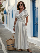 Women's Striped Cross Waist Midi Dress – V Neck Short Sleeve Summer Beach Dress