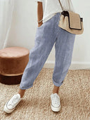 Women's Striped Jogger Pants – Elastic Drawstring Waist Side Pockets Casual