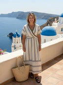 Women's Striped Linen Wrap Midi Dress – V Neck Short Sleeve Summer Beach Dress