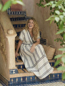 Women's Striped Linen Wrap Midi Dress – V Neck Short Sleeve Summer Beach Dress