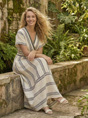 Women's Striped Linen Wrap Midi Dress – V Neck Short Sleeve Summer Beach Dress