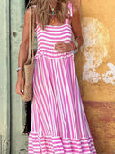 Women's Striped Maxi Dress – Tie Shoulder Strap Smocked Bodice Tiered Beach