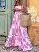 Women's Striped Maxi Dress – Tie Shoulder Strap Smocked Bodice Tiered Beach