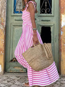 Women's Striped Maxi Dress – Tie Shoulder Strap Smocked Bodice Tiered Beach