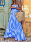 Women's Striped Maxi Dress – Tie Shoulder Strap Smocked Bodice Tiered Beach