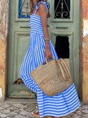 Women's Striped Maxi Dress – Tie Shoulder Strap Smocked Bodice Tiered Beach