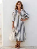 Women's Striped Midi Shirt Dress – Collared V Neck Roll Sleeve Relaxed Fit
