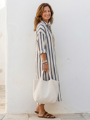 Women's Striped Midi Shirt Dress – Collared V Neck Roll Sleeve Relaxed Fit