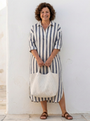 Women's Striped Midi Shirt Dress – Collared V Neck Roll Sleeve Relaxed Fit