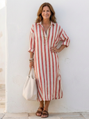 Women's Striped Midi Shirt Dress – Collared V Neck Roll Sleeve Relaxed Fit