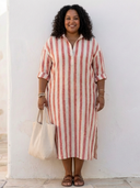 Women's Striped Midi Shirt Dress – Collared V Neck Roll Sleeve Relaxed Fit