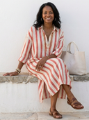 Women's Striped Midi Shirt Dress – Collared V Neck Roll Sleeve Relaxed Fit