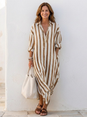 Women's Striped Midi Shirt Dress – Collared V Neck Roll Sleeve Relaxed Fit