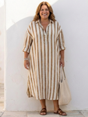 Women's Striped Midi Shirt Dress – Collared V Neck Roll Sleeve Relaxed Fit