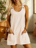 Women's Striped Mini Dress – Sleeveless Scoop Neck Button Strap Pocket Dress