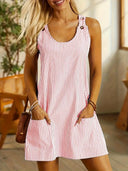 Women's Striped Mini Dress – Sleeveless Scoop Neck Button Strap Pocket Dress