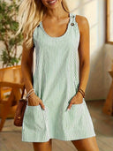 Women's Striped Mini Dress – Sleeveless Scoop Neck Button Strap Pocket Dress