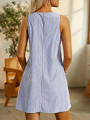 Women's Striped Mini Dress – Sleeveless Scoop Neck Button Strap Pocket Dress