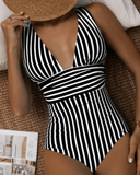 Women's Striped One Piece Swimsuit – Deep V Neck Twist Front Monokini