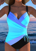 Women's Striped One Piece Swimsuit – Surplice V Neck Ruched Drawstring Beach