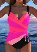 Women's Striped One Piece Swimsuit – Surplice V Neck Ruched Drawstring Beach