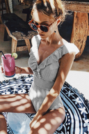 Women's Striped One Piece Swimsuit – V Neck Ruffle Sleeve Retro Bathing Suit