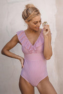 Women's Striped One Piece Swimsuit – V Neck Ruffle Sleeve Retro Bathing Suit