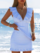 Women's Striped Ruffle V Neck Tankini Set – Mini Skirt Hem Beach Swimwear