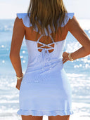Women's Striped Ruffle V Neck Tankini Set – Mini Skirt Hem Beach Swimwear