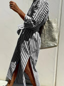 Women's Striped Shirt Dress – Button Front Belted Three Quarter Sleeve Midi