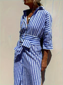 Women's Striped Shirt Dress – Button Front Belted Three Quarter Sleeve Midi