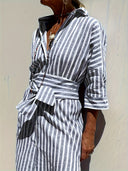 Women's Striped Shirt Dress – Button Front Belted Three Quarter Sleeve Midi