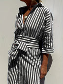 Women's Striped Shirt Dress – Button Front Belted Three Quarter Sleeve Midi