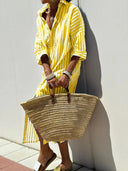 Women's Striped Shirt Dress – Button Front Belted Three Quarter Sleeve Midi